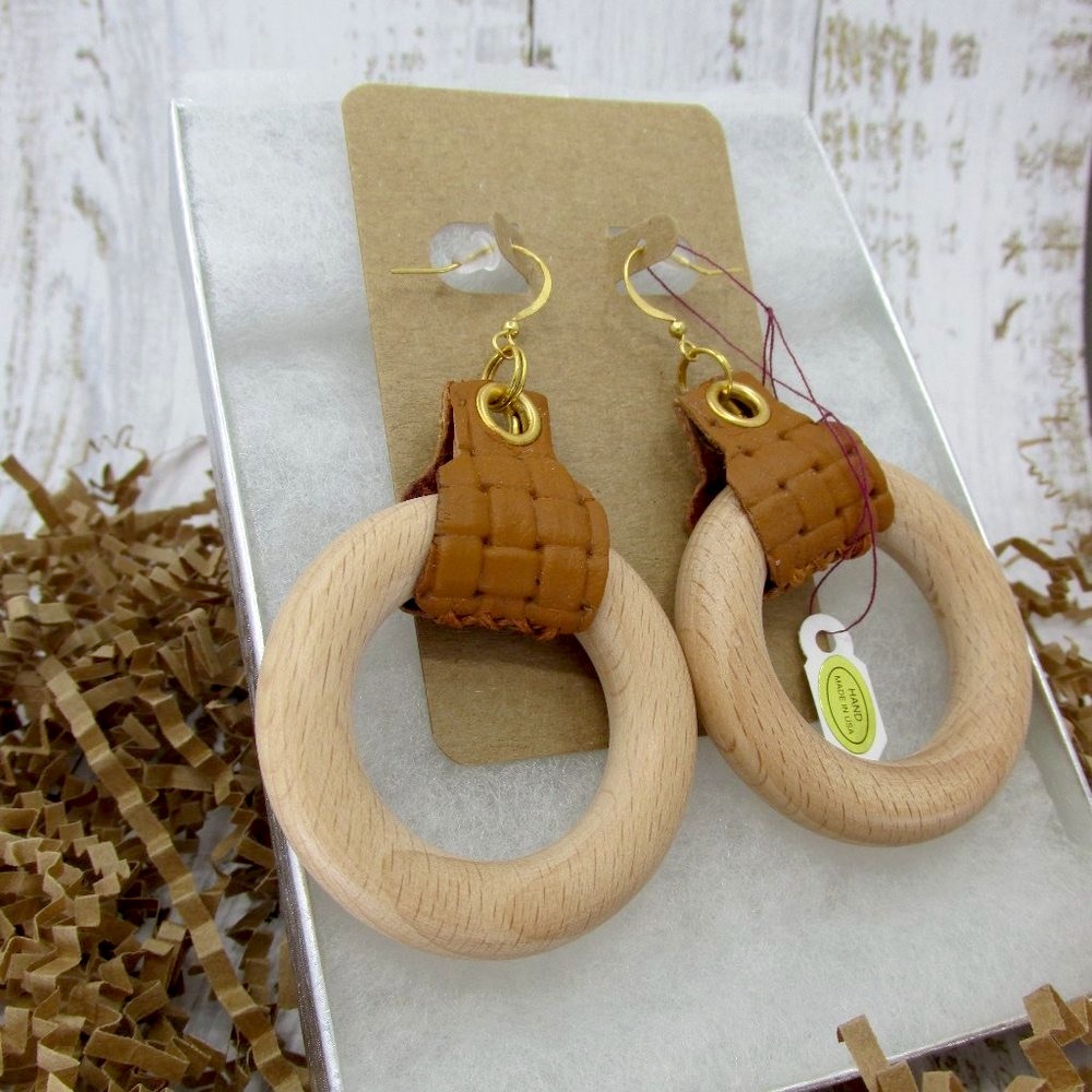 Genuine Leather and Wood Circle Earrings